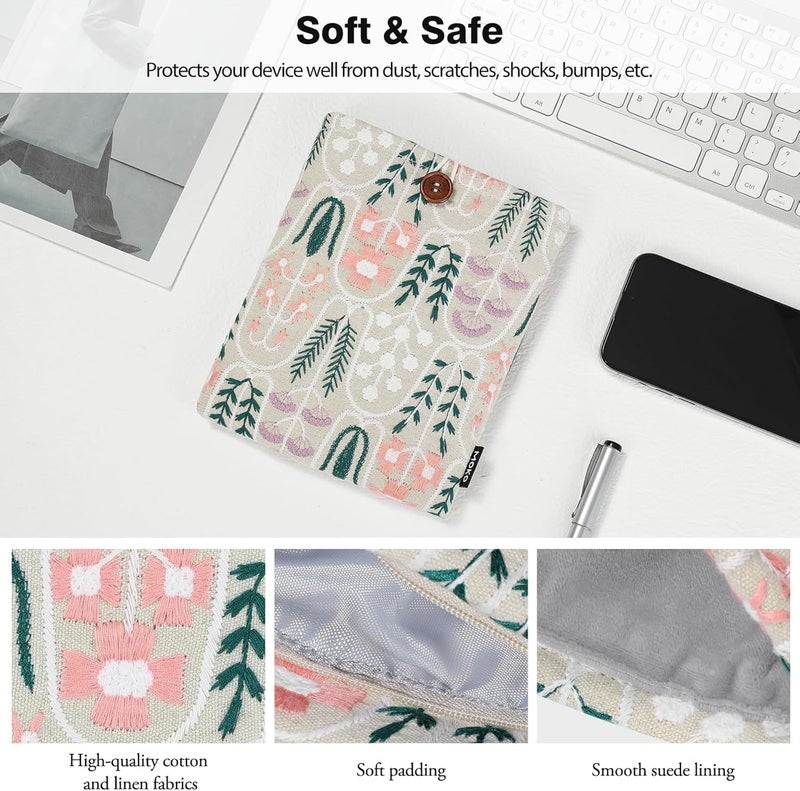 MoKo 6-7" Embroidered Daisy Padded Sleeve Pouch for Fire 7 2022, 7" Kindle Colorsoft Signature Edition 2024, Kindle 11/10/8 Gen, Paperwhite 11th/10th Gen, Pouch for Voyage/Kobo eReader, Beige Plants - Image 3